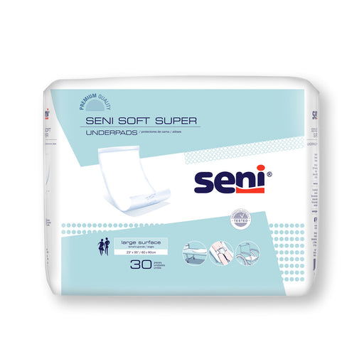 Pack of Seni Soft Super underpads on a white background