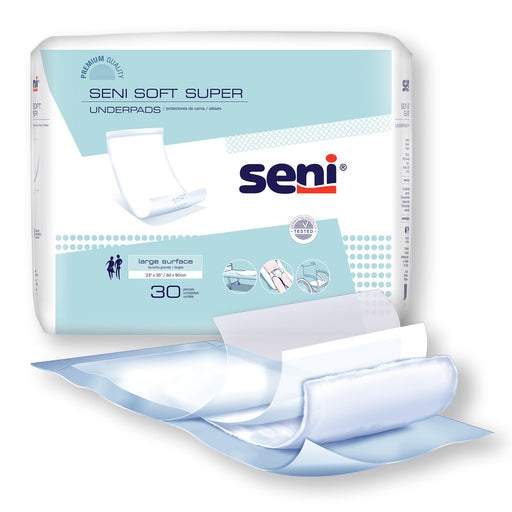 Pack of Seni Soft Super underpads with packaging on a white background