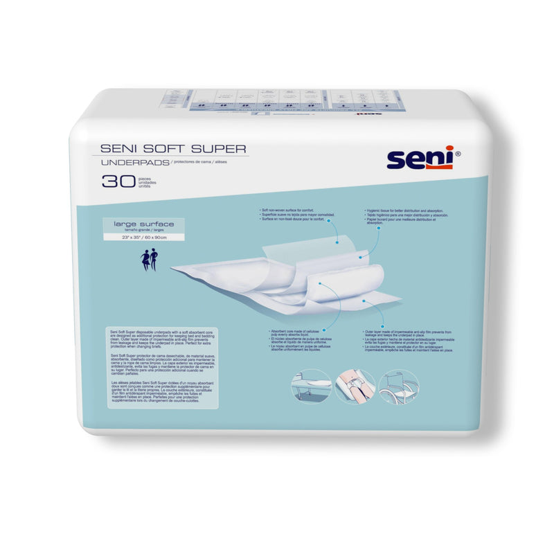Package of Seni Soft Super underpads with blue and white design