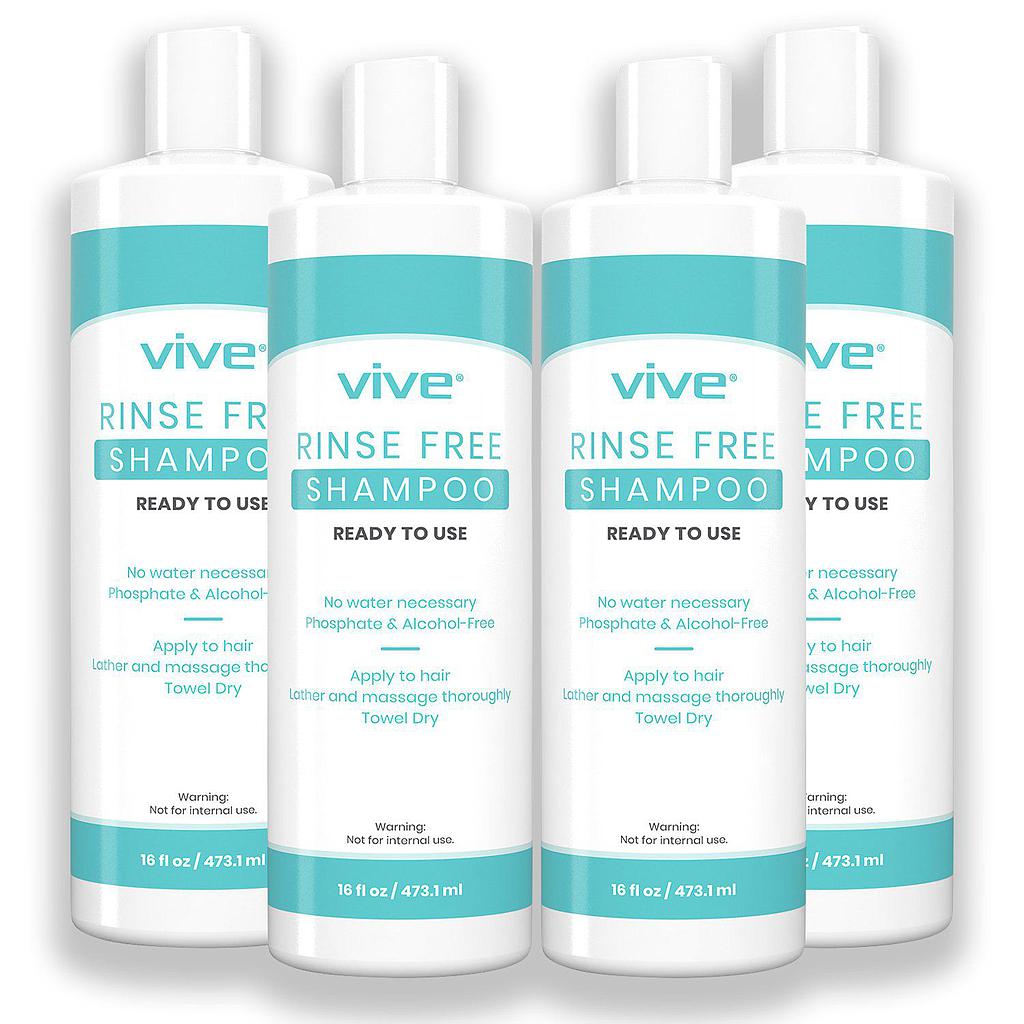 Four bottles of Vive rinse-free shampoo on a white background