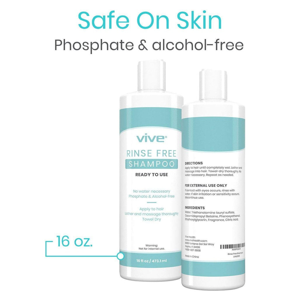Two bottles of Vive rinse-free shampoo on a white background with text highlighting safety features.