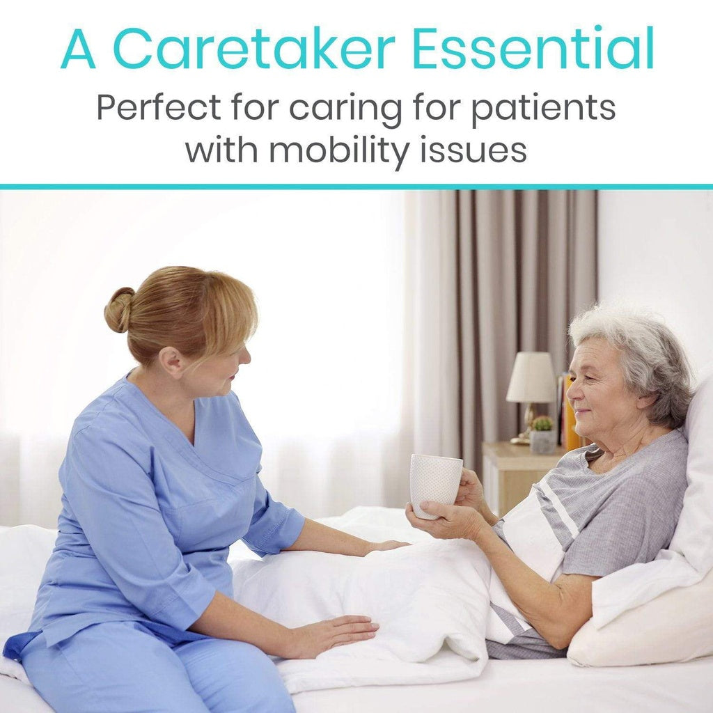 Nurse in blue uniform sitting with an elderly patient in a bedroom setting, with text about caregiver essential for patients with mobility issues.