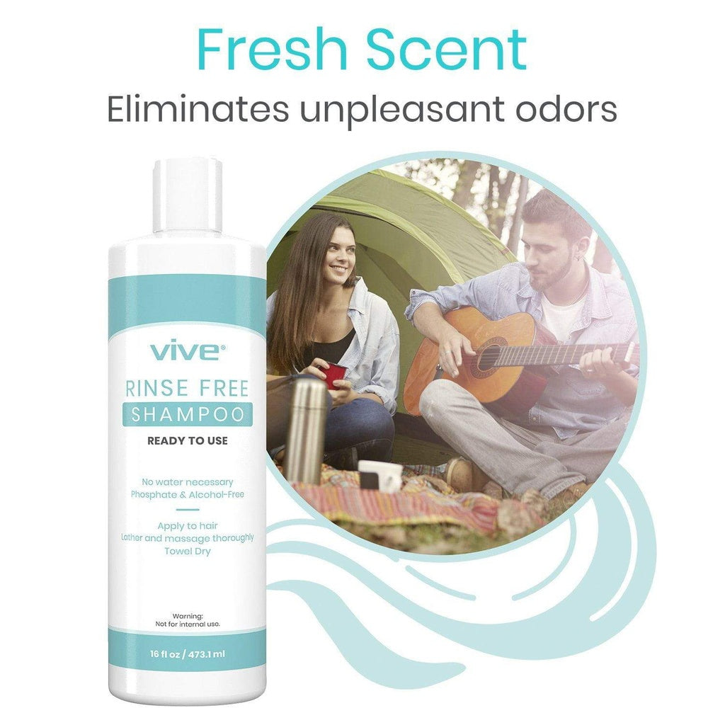 Vive rinse-free shampoo bottle with a couple in a tent in the background