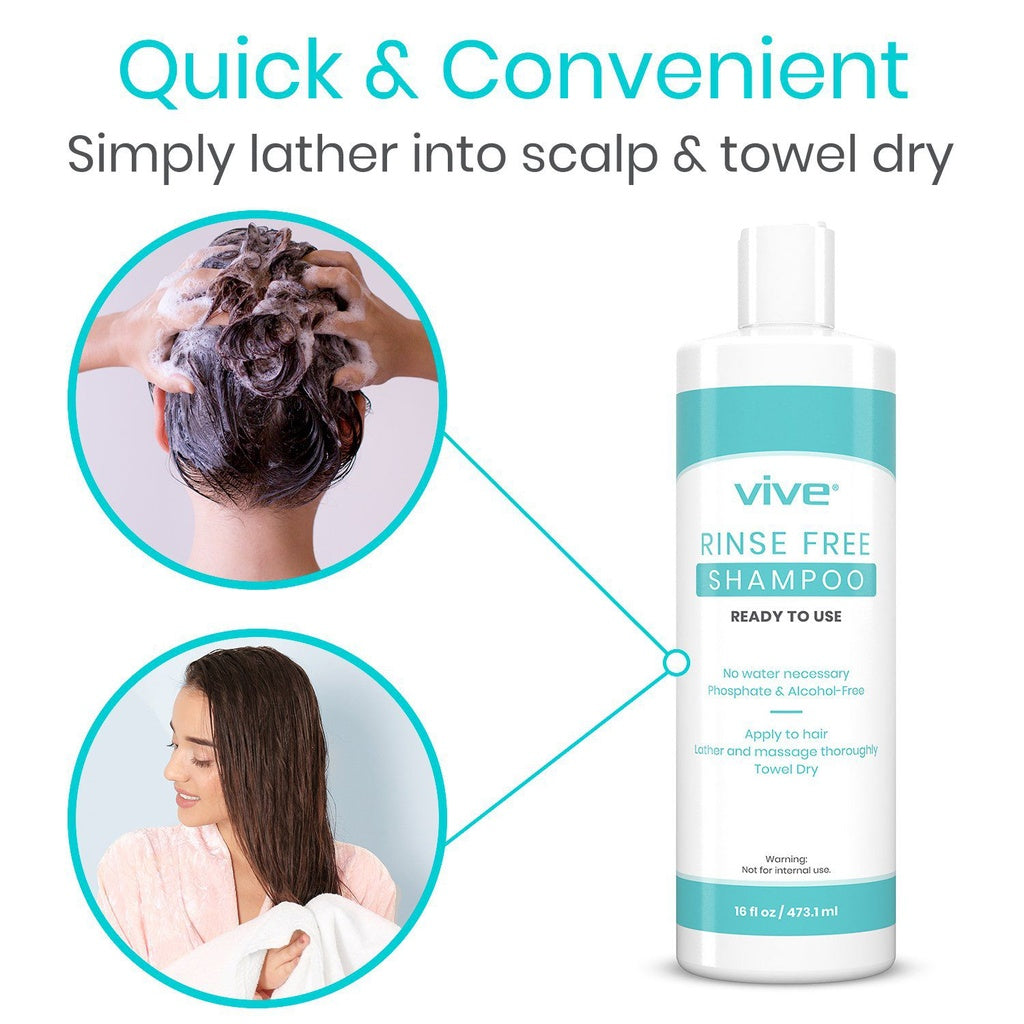 Vive rinse-free shampoo bottle with instructions on how to use it, including lathering into scalp and towel drying.