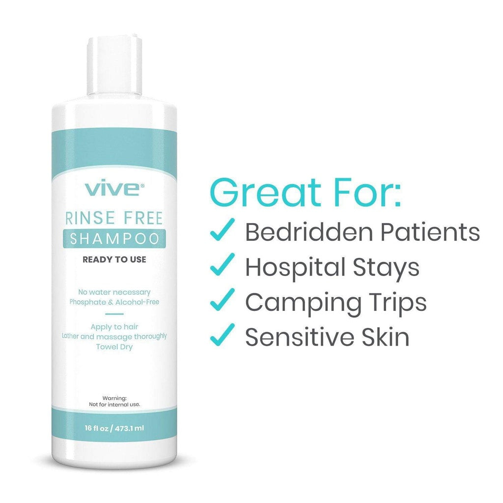 Vive rinse-free shampoo bottle with text highlighting uses on a white background