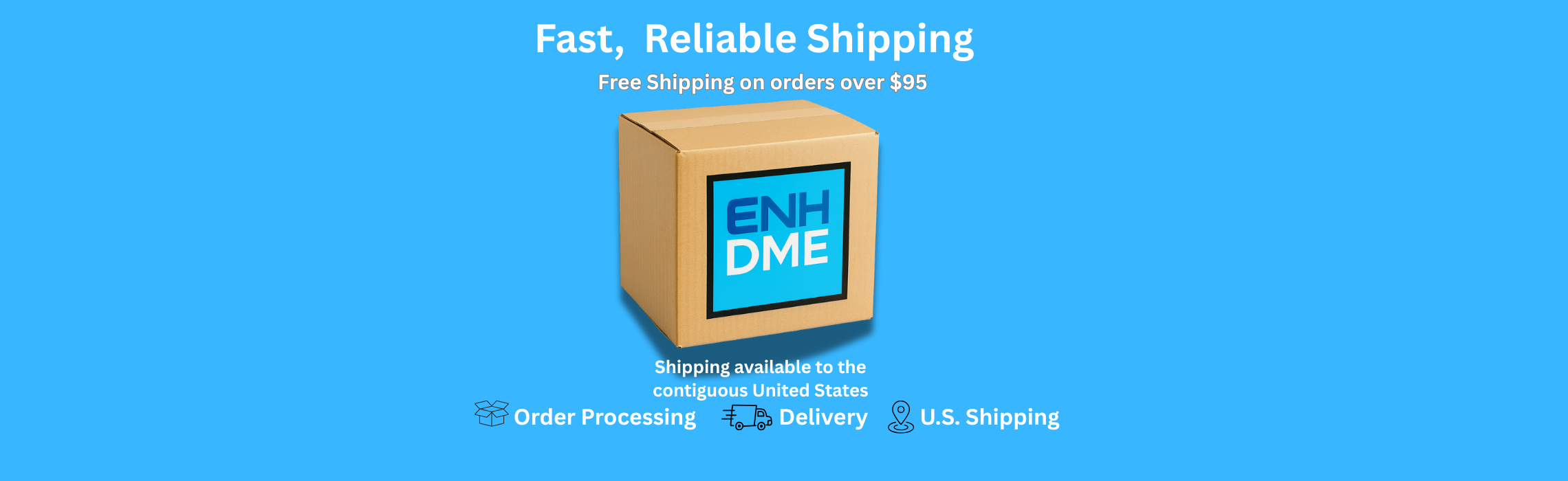 Cardboard box with 'ENH DME' branding on a blue background, promoting fast and reliable shipping.