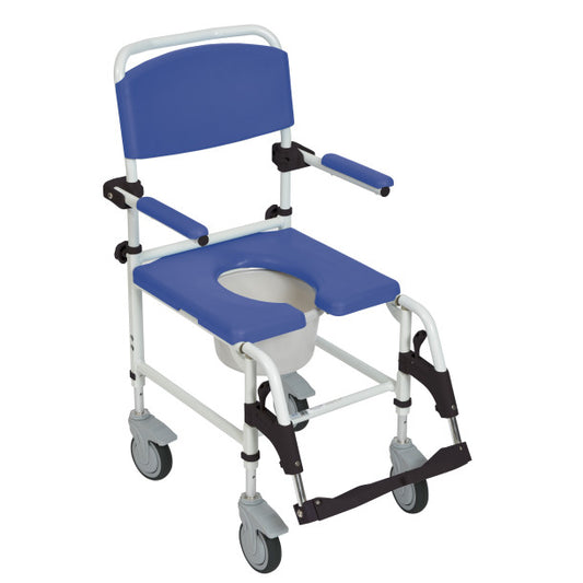 Blue and white commode chair with wheels on a white background