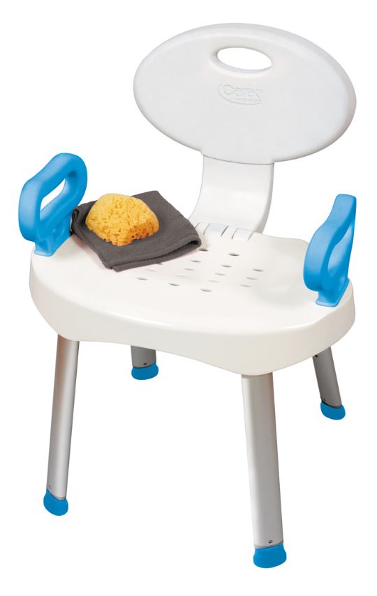 Children's bath seat with blue handles and a sponge on a white background