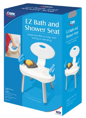Carex EZ Bath and Shower Seat packaging with blue background