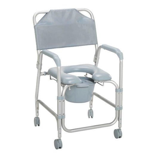 Medical commode chair with wheels on a white background