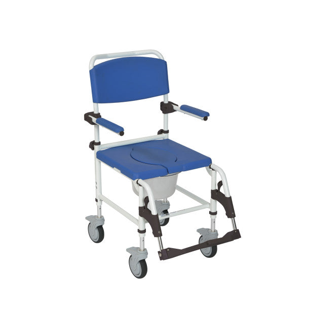 Blue and white commode chair with wheels on a white background