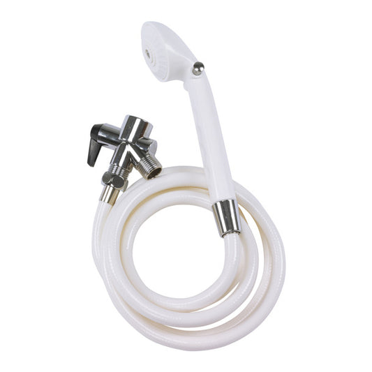 White shower head with flexible hose and metal valve on a white background