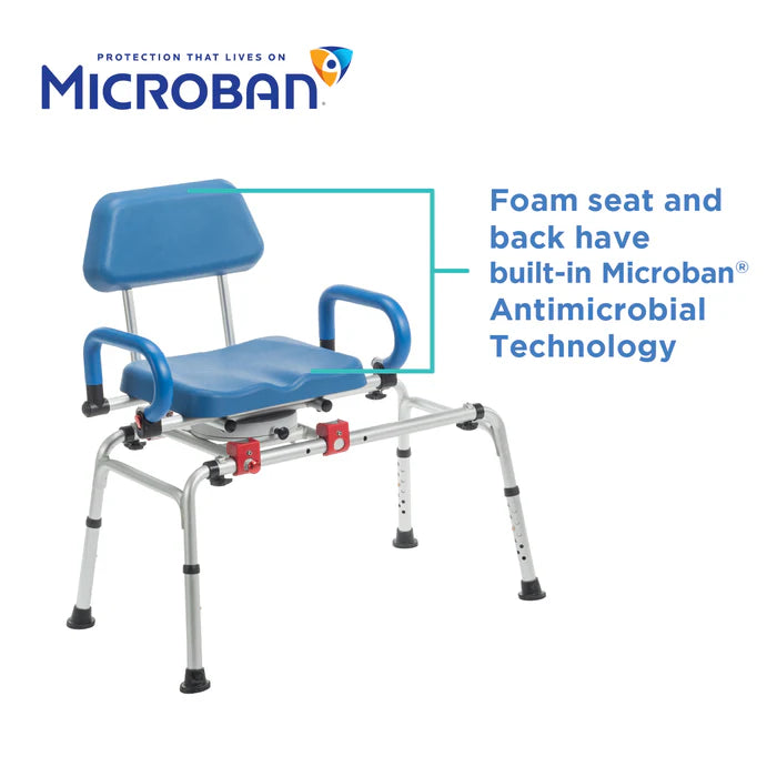 Blue shower seat with backrest and handles, featuring Microban antimicrobial technology on a white background.