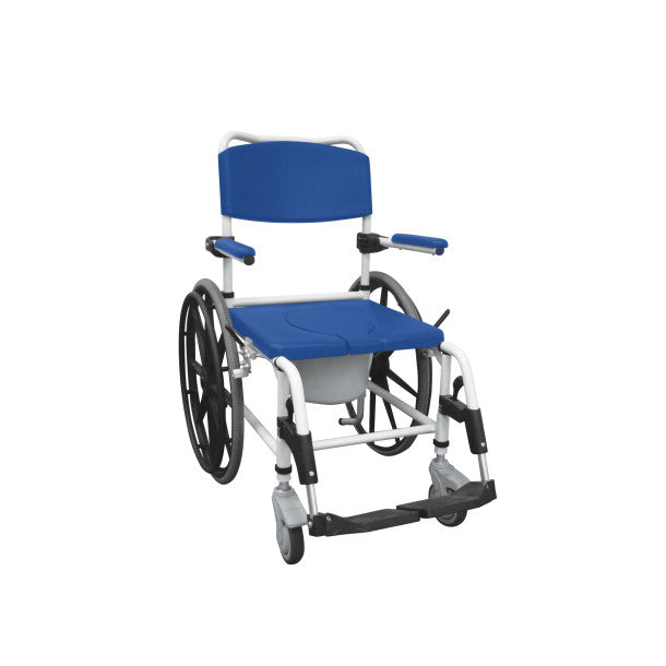 Wheelchair with blue seat and backrest on a white background