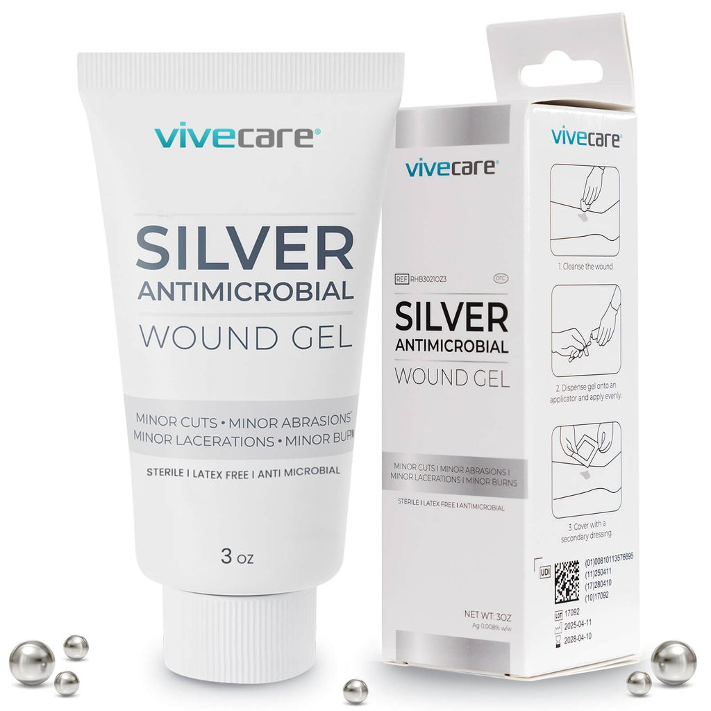 Vivecare silver antimicrobial wound gel tube and packaging on a white background