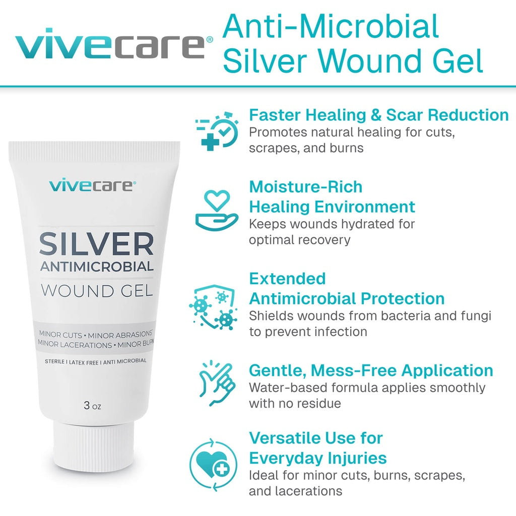 Vivecare Silver Antimicrobial Wound Gel tube with features listed on a white background