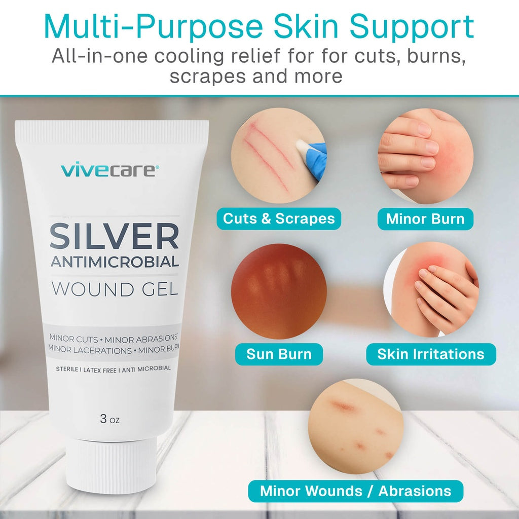 Vivetcare Silver Antimicrobial Wound Gel packaging with images of skin conditions it can treat.