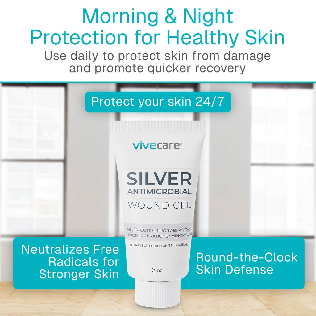 Vivecare Silver Antimicrobial Wound Gel tube with text about skin protection and recovery on a white background.