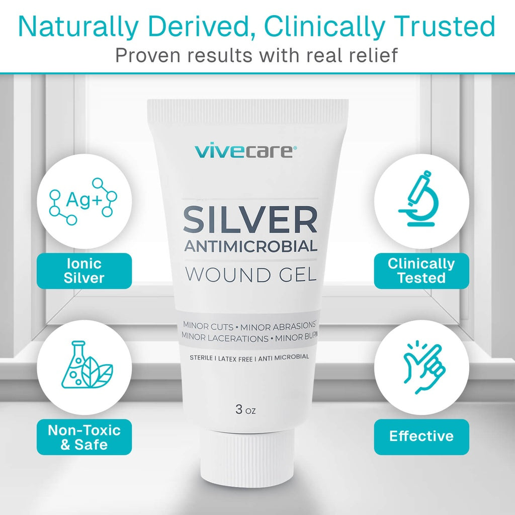 Vivecare Silver Antimicrobial Wound Gel tube with features highlighted on a light gray background