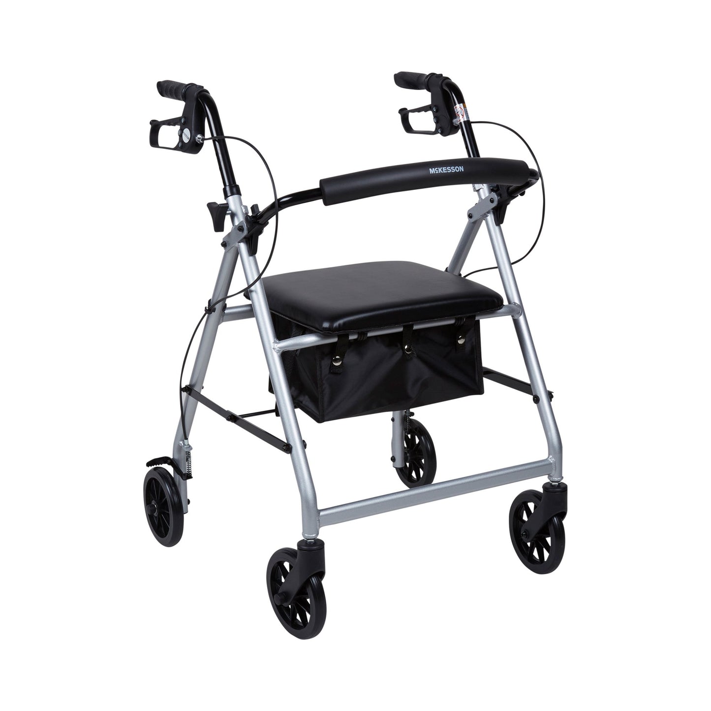Silver walker with black seat and wheels on a white background