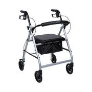 Silver walker with black seat and wheels on a white background