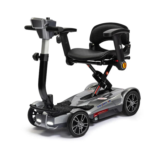 Silver mobility scooter with a seat on a white background