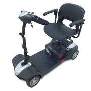 Black mobility scooter with a seat on a white background