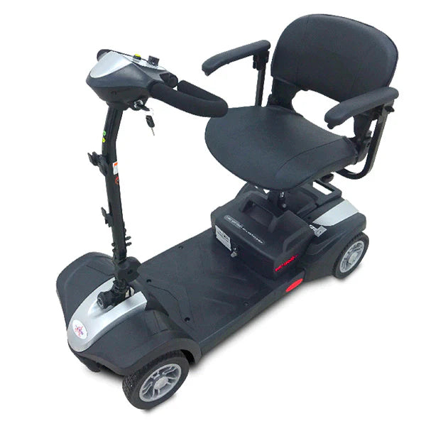 Black mobility scooter with a seat on a white background
