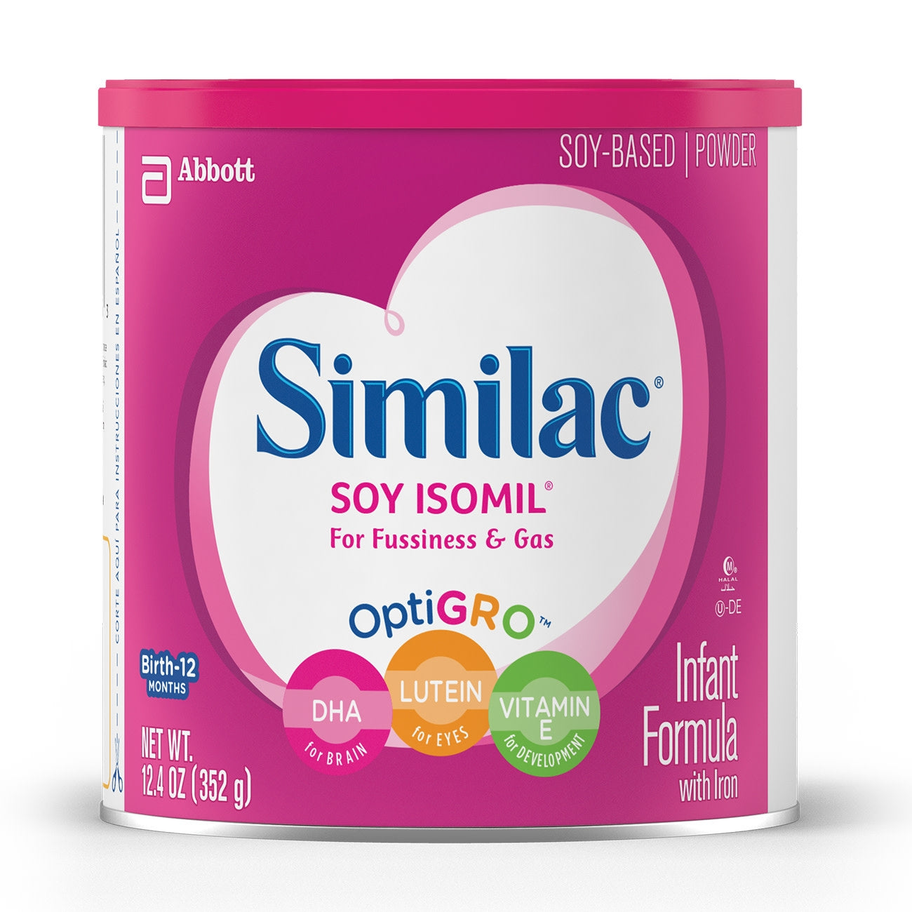 Similac Soy Isomil infant formula powder canister with pink and white design