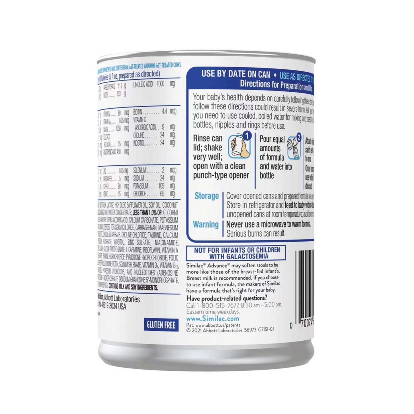 Back label of a baby formula can with text and icons on a white background