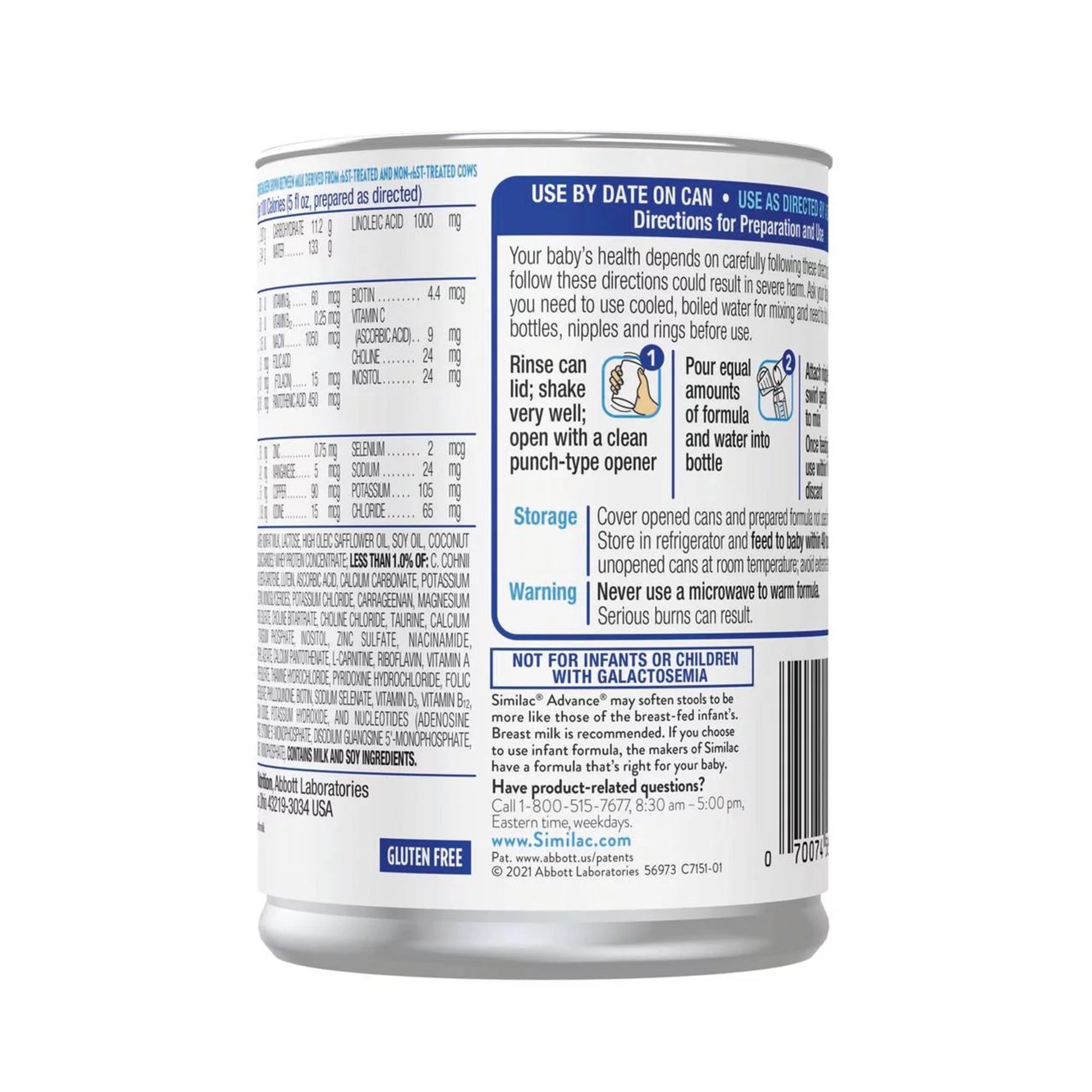 Back label of a baby formula can with text and icons on a white background