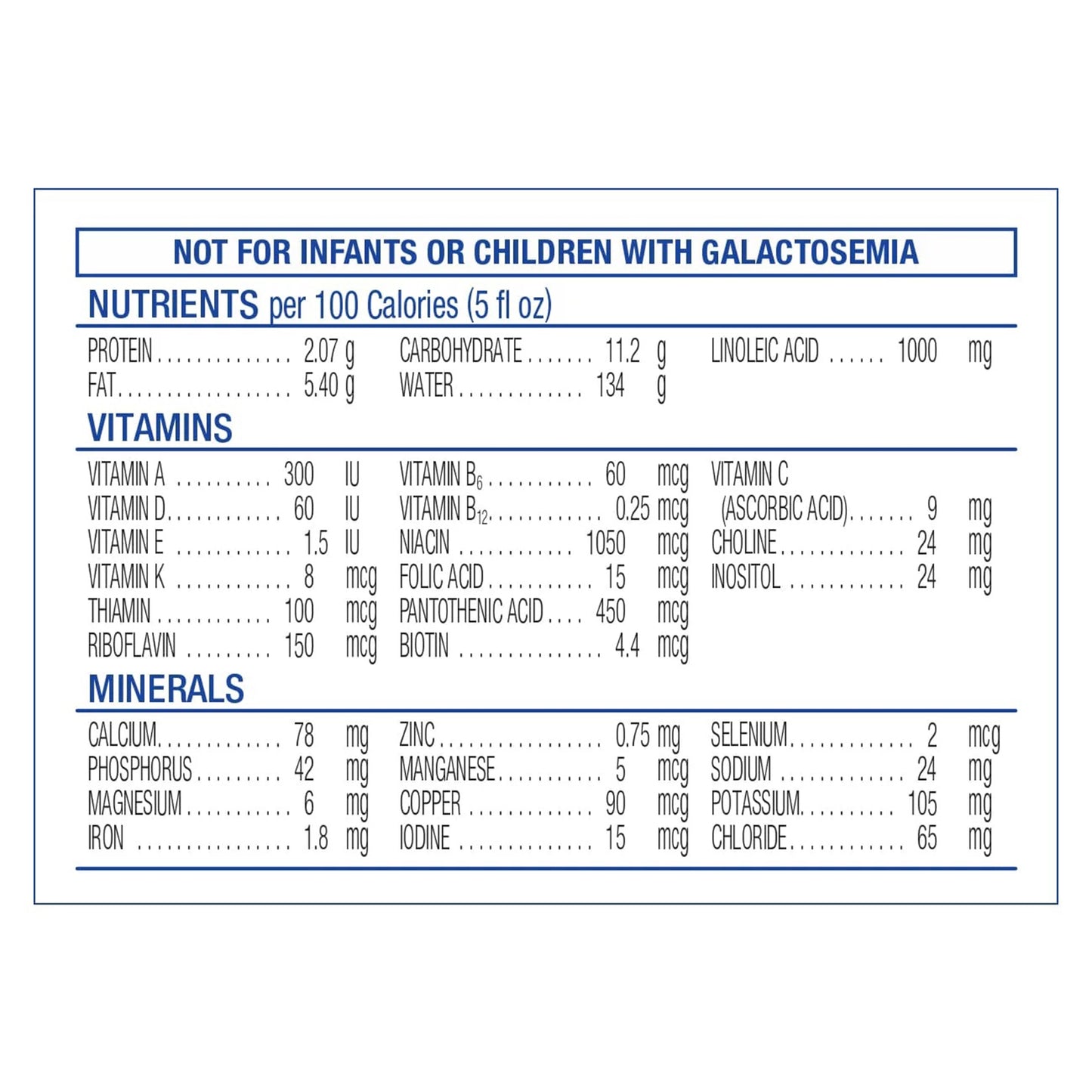 Nutritional label for a product not suitable for infants or children with galactosemia.