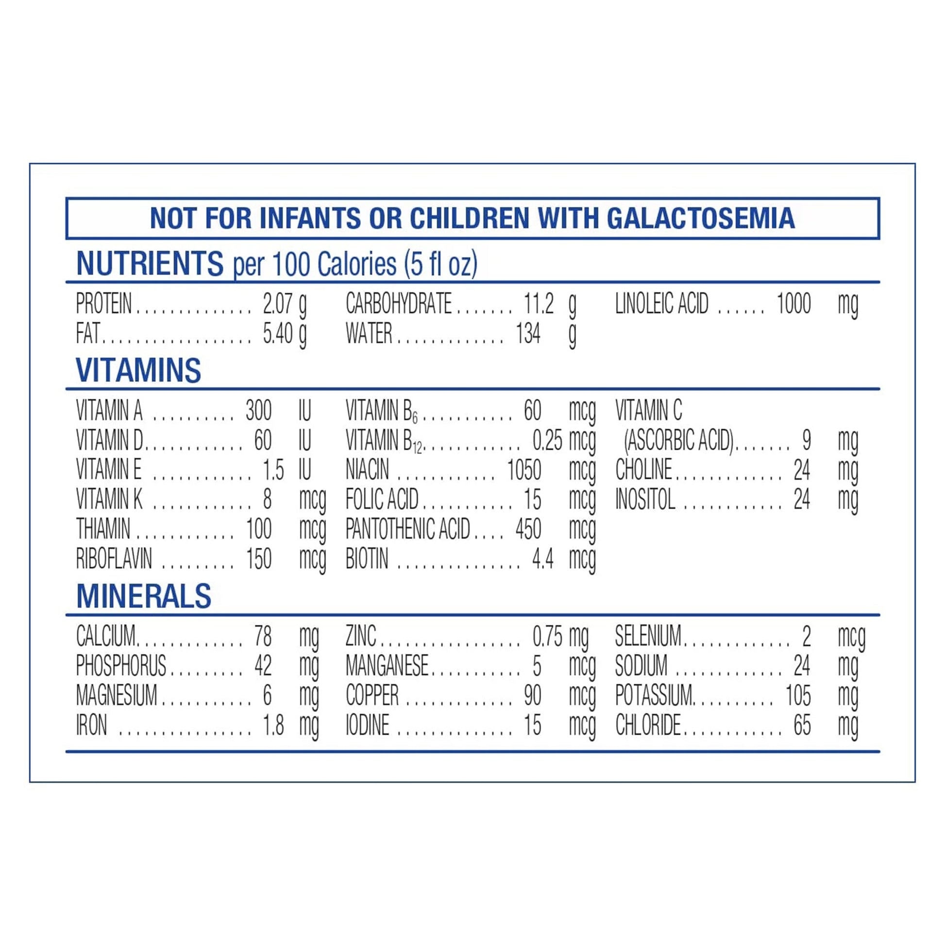 Nutritional label for a product not suitable for infants or children with galactosemia.