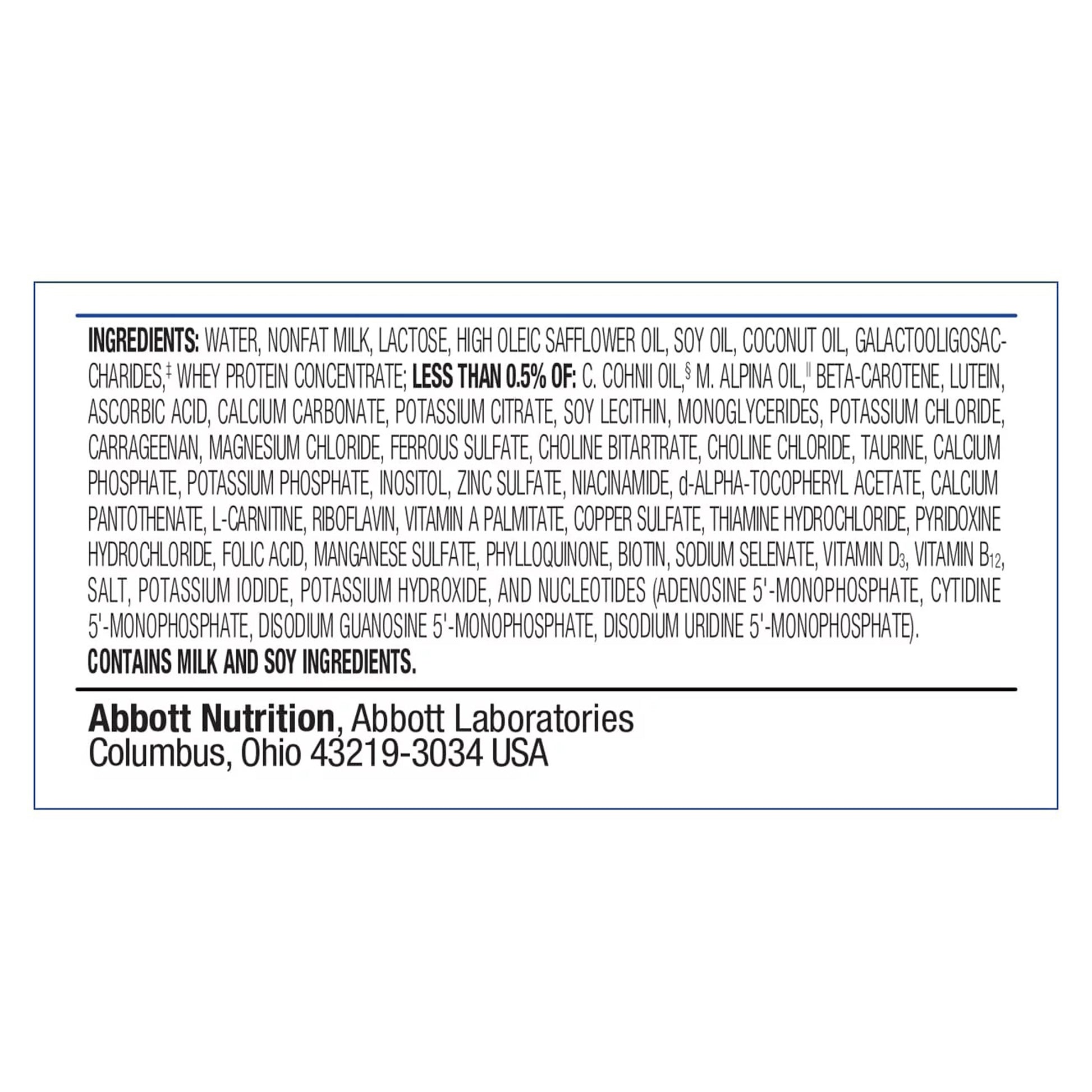 Ingredients list and branding information for Abbott Nutrition product on a white background