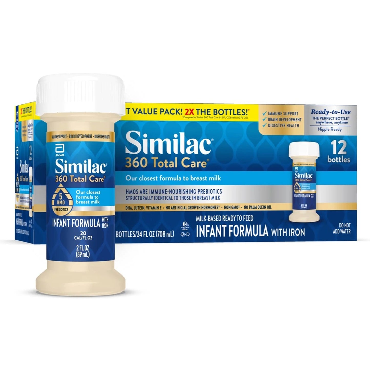 Similac 360 Total Care infant formula packaging with two bottles on a white background