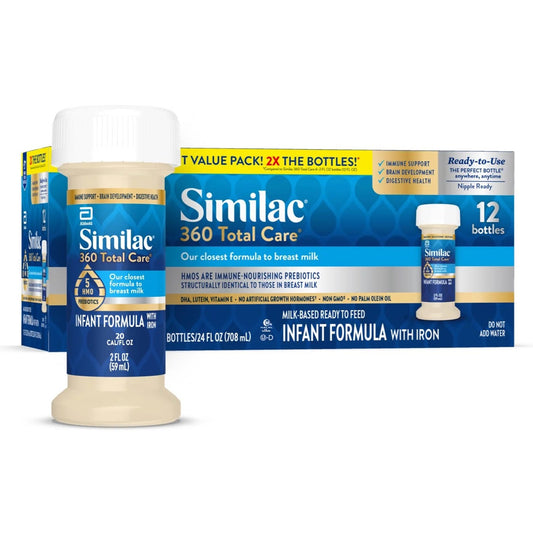 Similac 360 Total Care infant formula packaging with two bottles on a white background