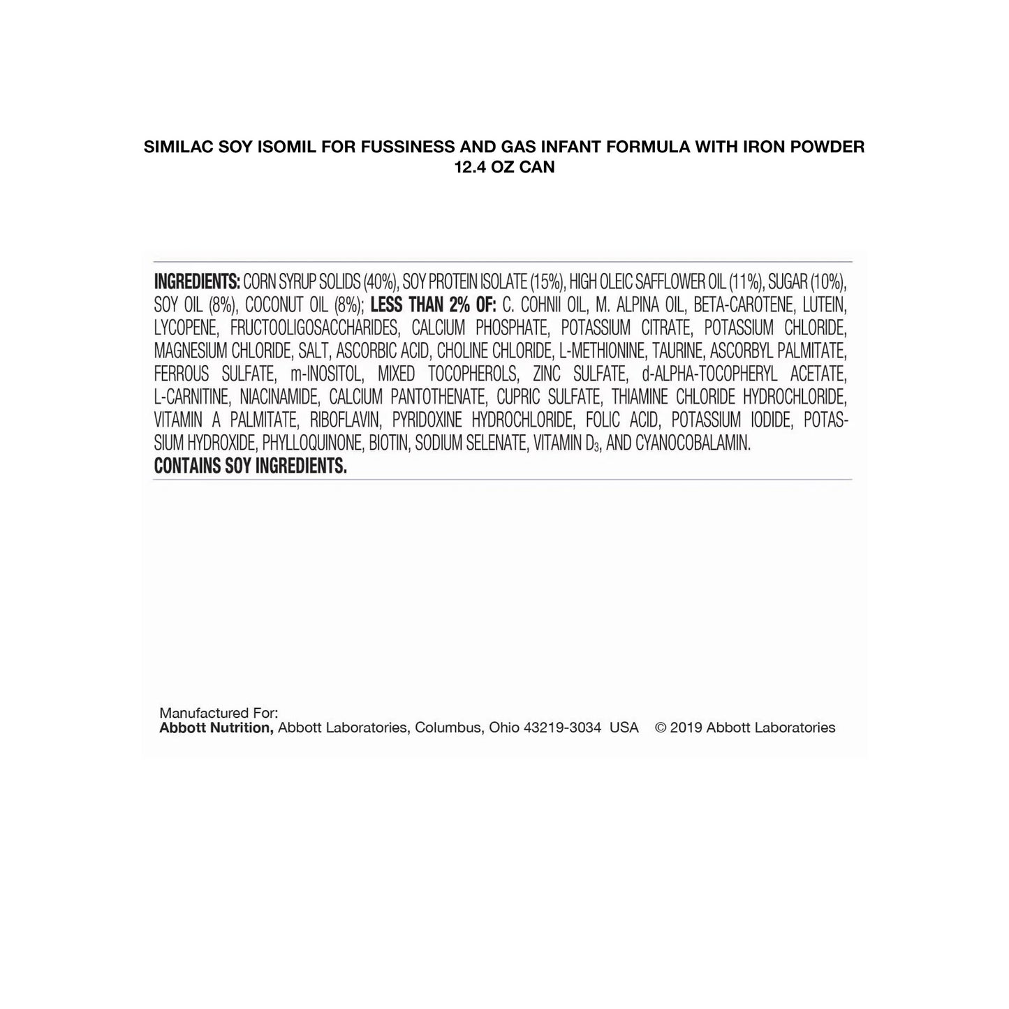 Ingredients list for Similac Soy Isomil infant formula on a white background