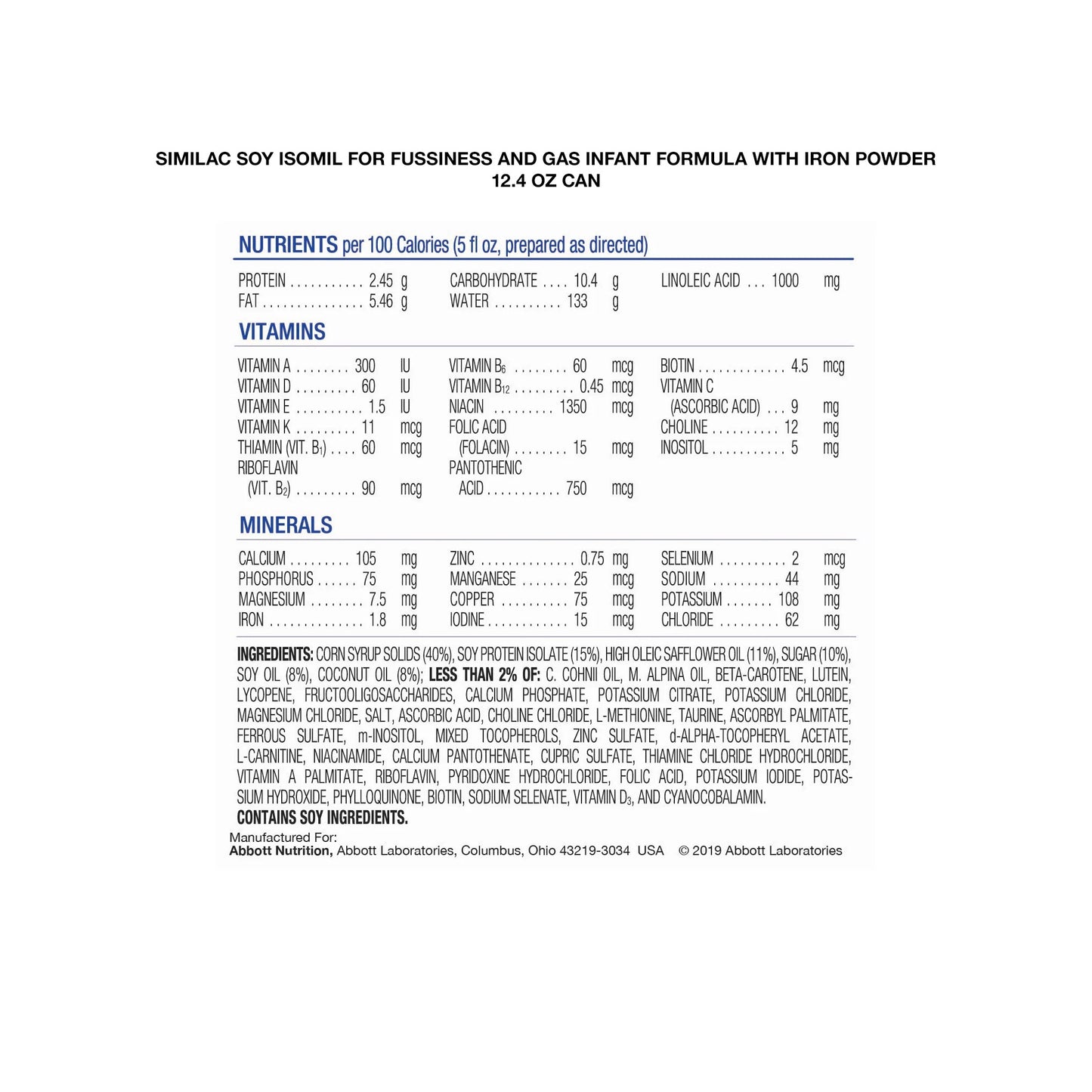 Nutritional label for Similac Soy Isomil infant formula on a white background
