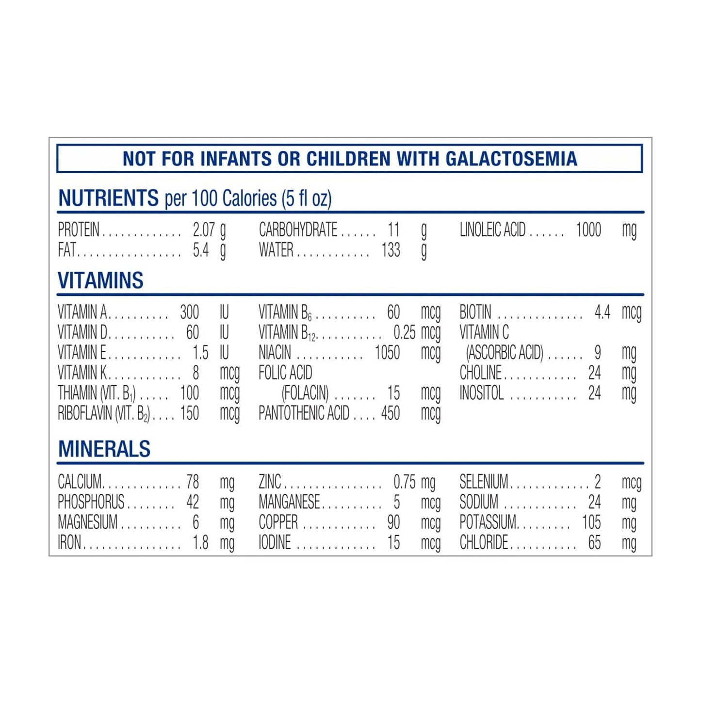 Nutritional label for a product not suitable for infants or children with galactosemia