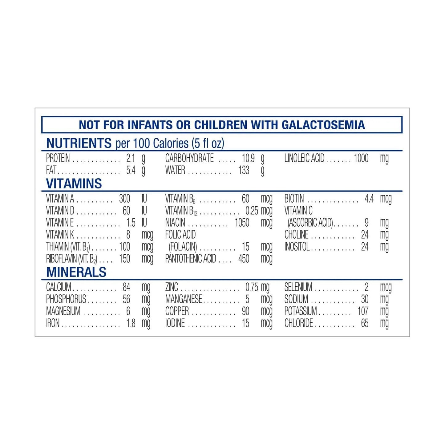 Nutritional label for a product not suitable for infants or children with galactosemia.