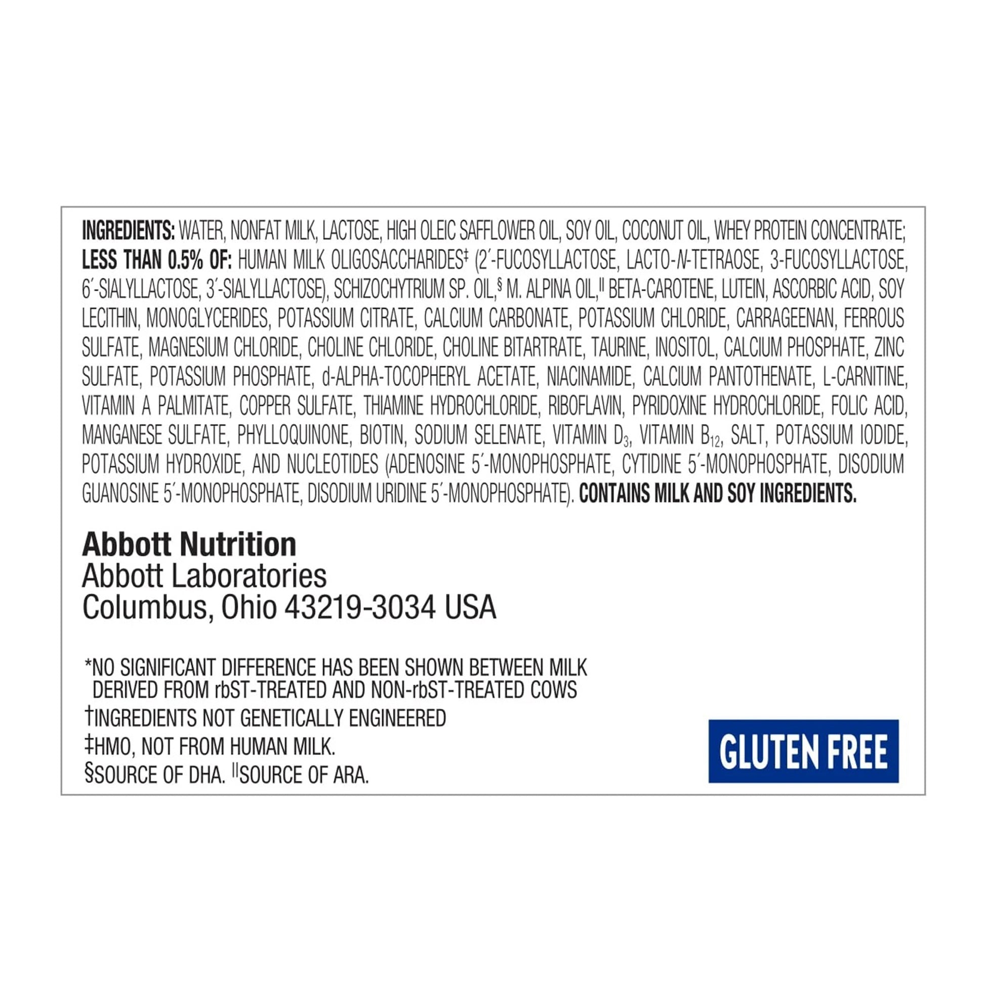 Ingredients list and branding information for Abbott Nutrition product on a white background