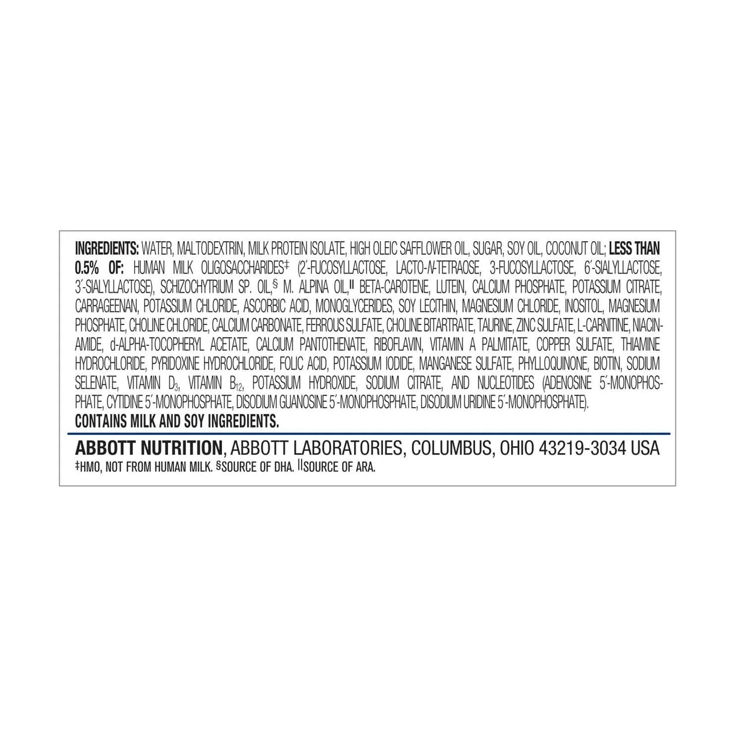 Ingredients list on a white background with Abbott Nutrition branding.