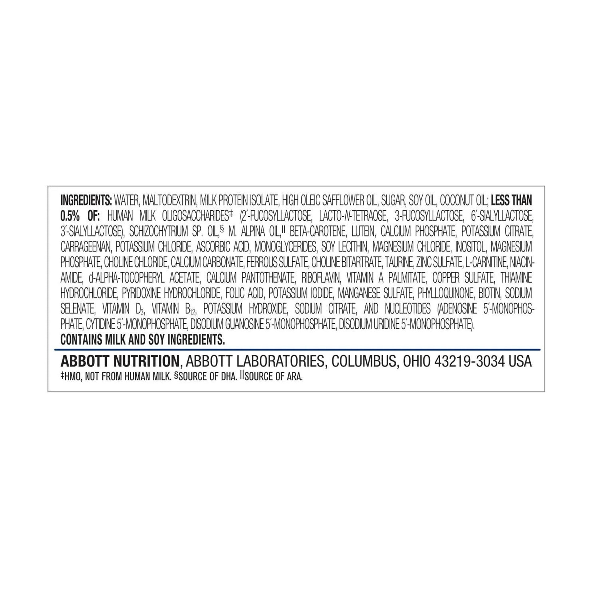 Ingredients list on a white background with Abbott Nutrition branding.