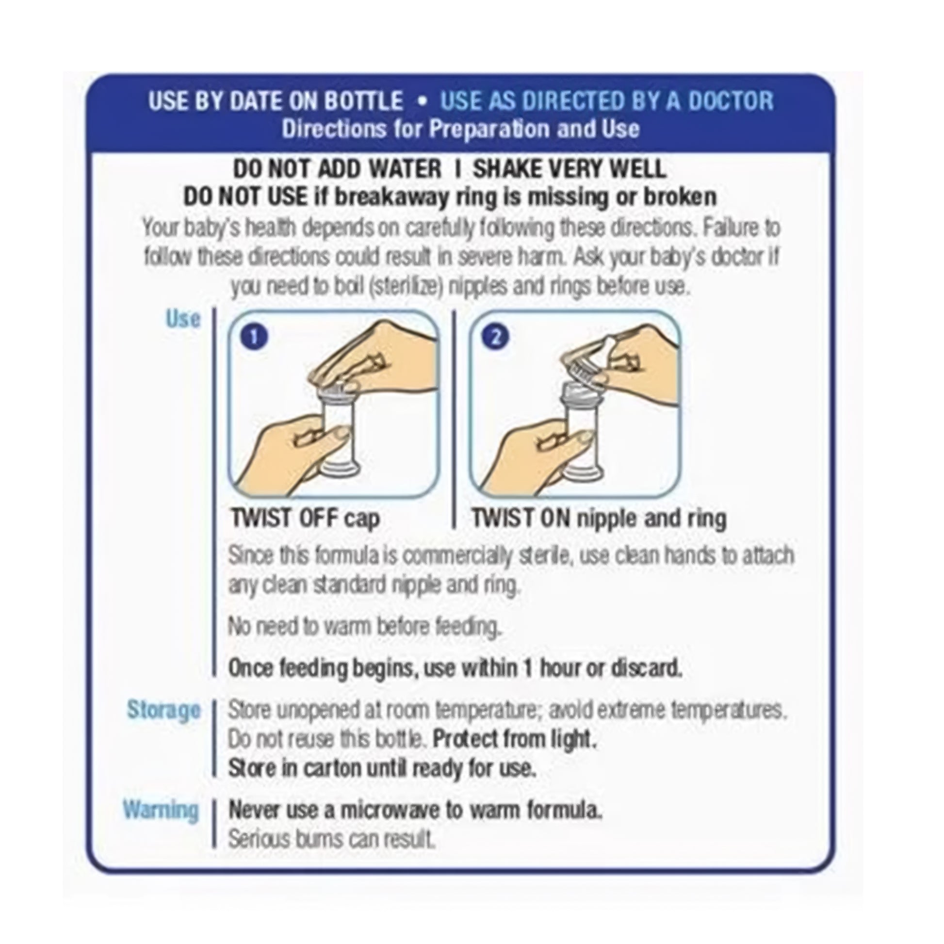 Instructions for using a baby formula bottle with illustrations and text on a blue background