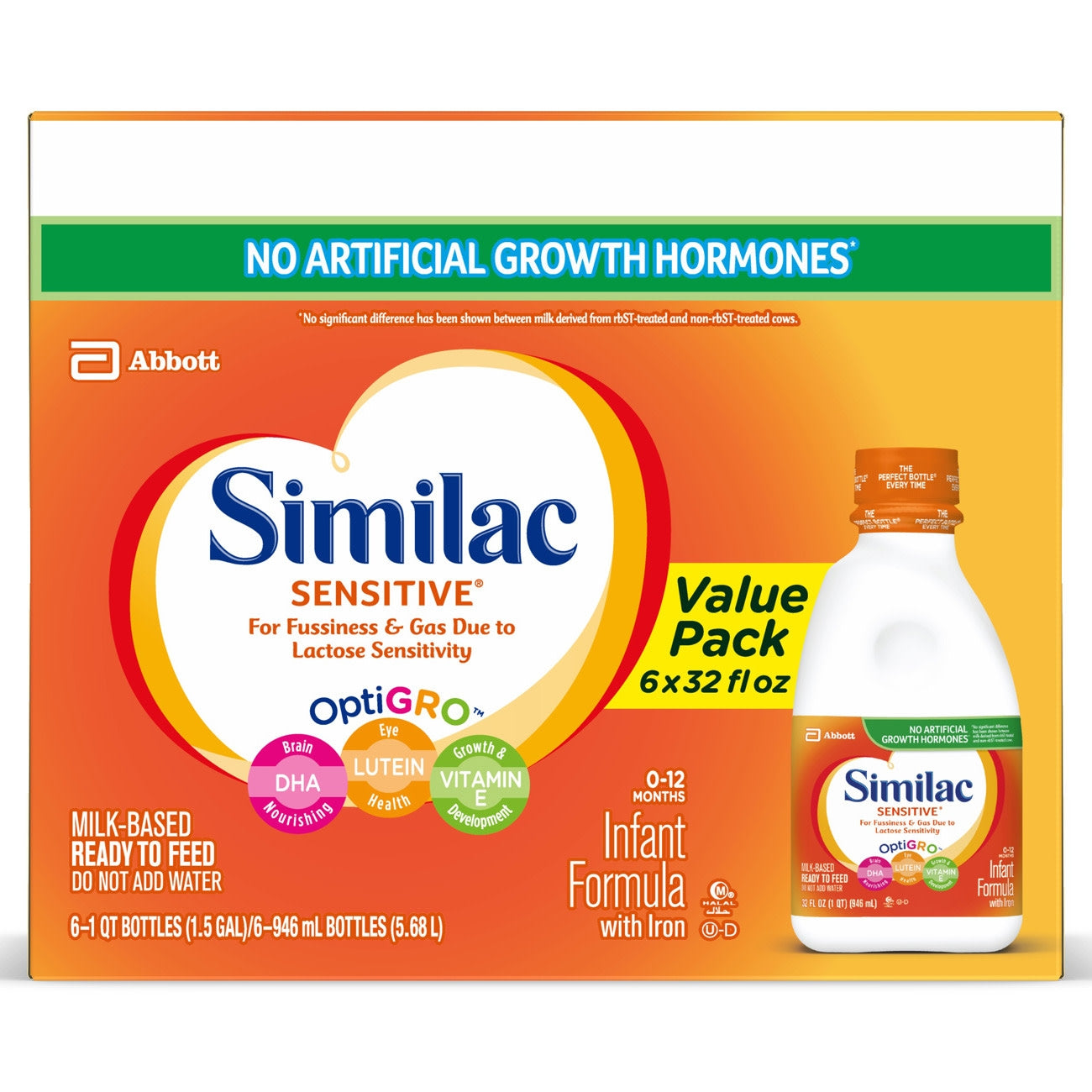 Similac Sensitive infant formula package with bottle on an orange background