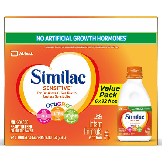Similac Sensitive infant formula package with bottle on an orange background