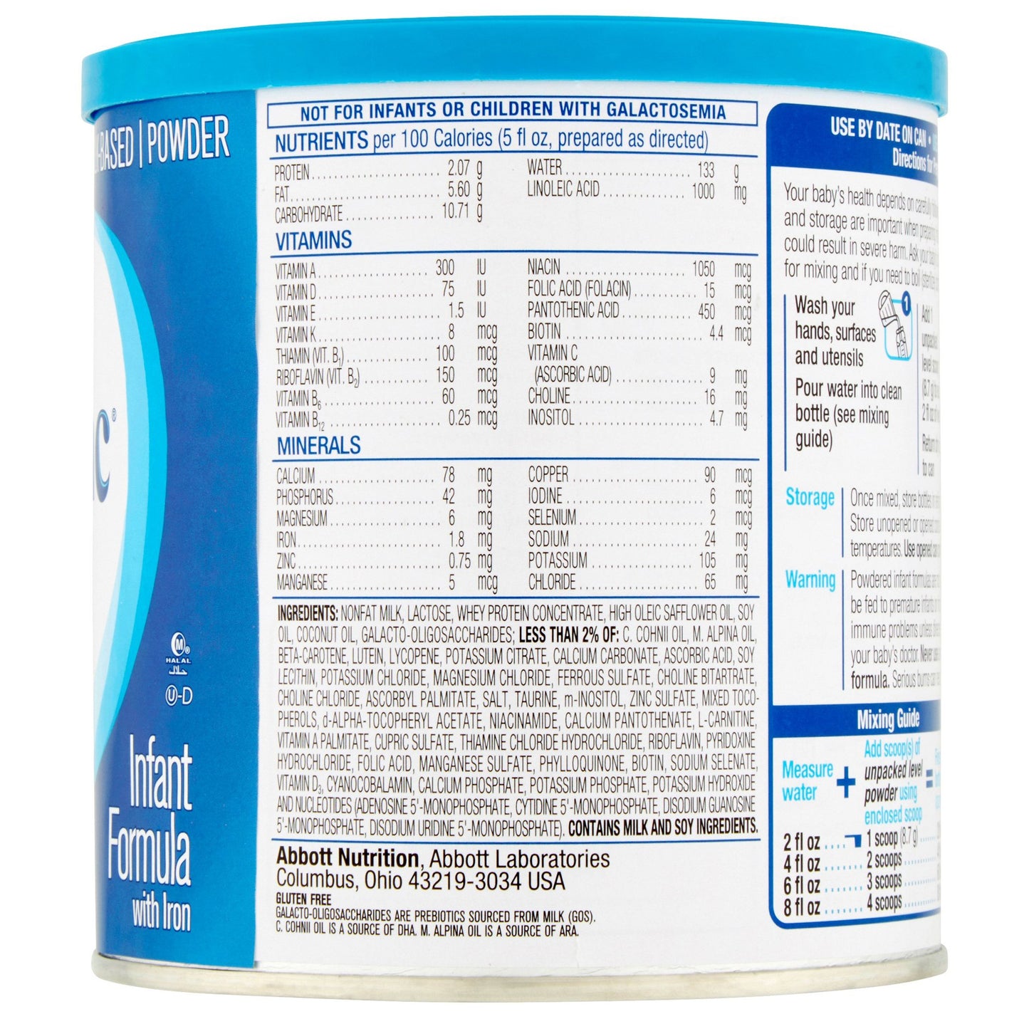 Back of a baby formula can with nutritional information and branding details.