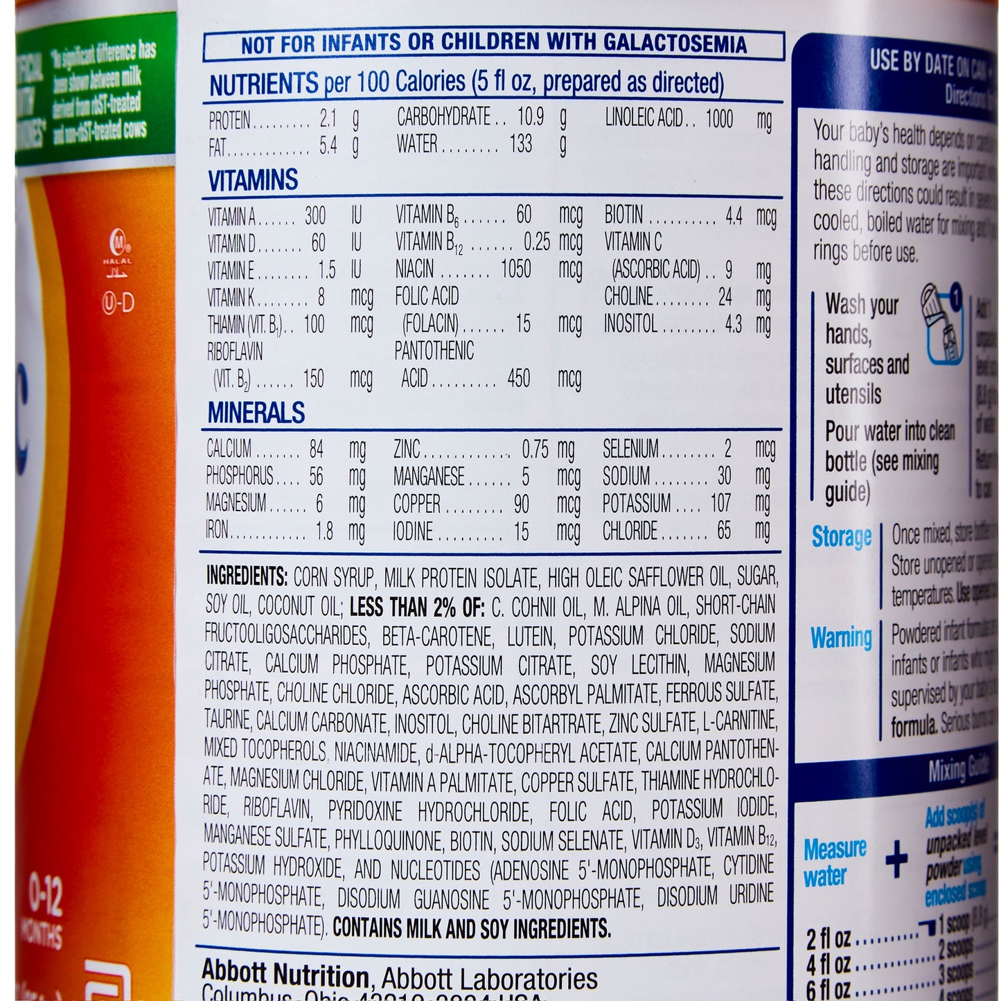 Nutritional label and ingredients list on a baby formula container