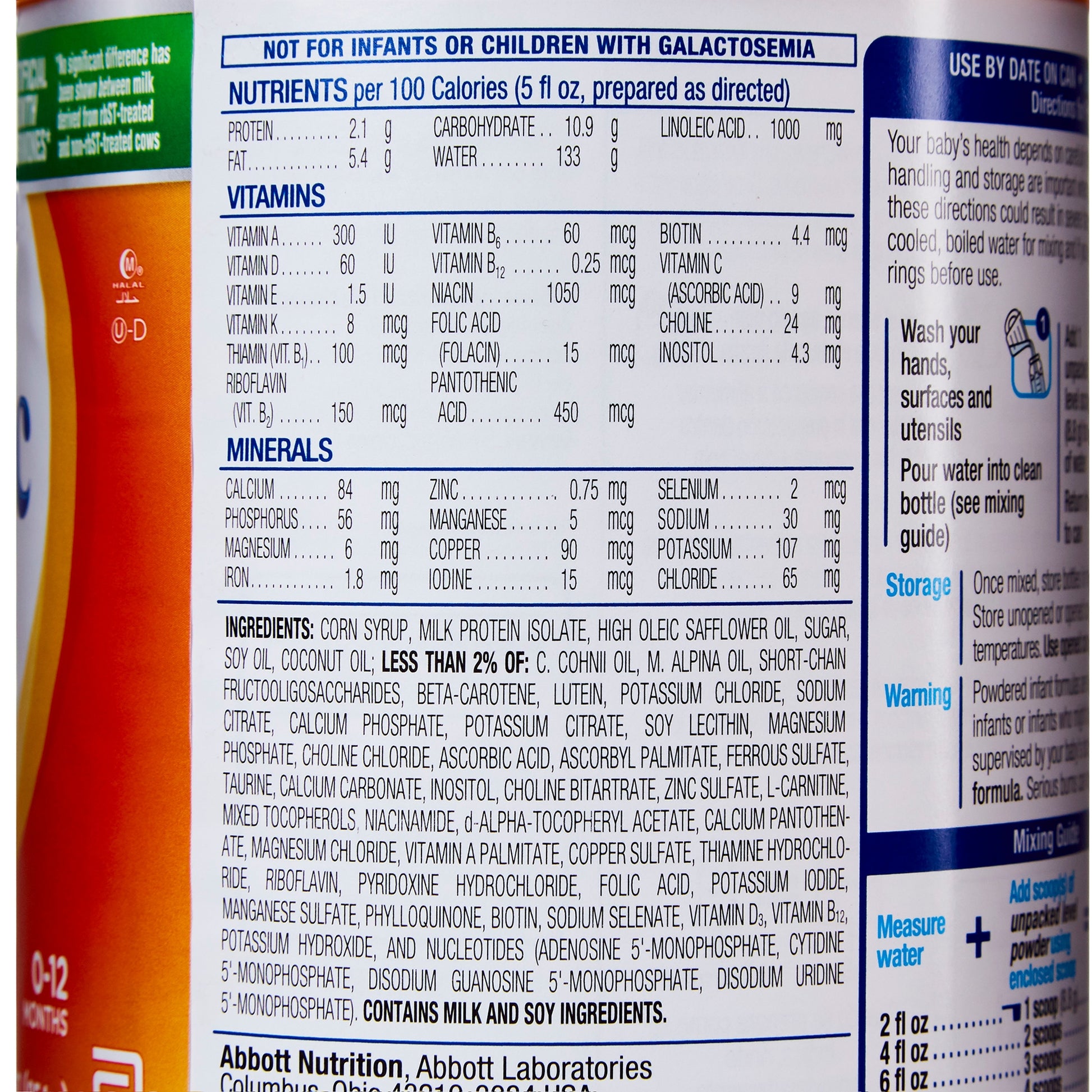 Nutritional label and ingredients list on a baby formula container