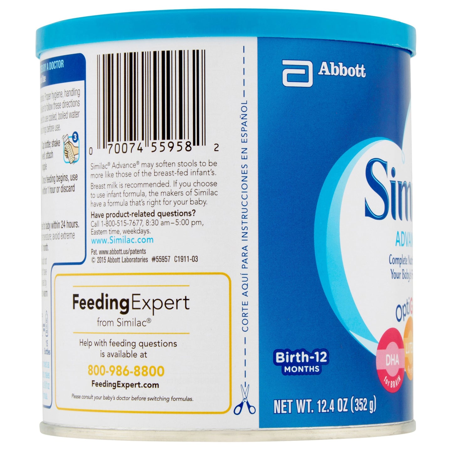 Similac baby formula canister with Abbott branding on a white background